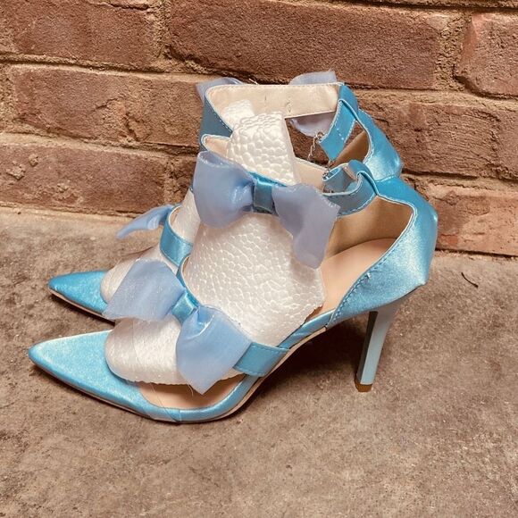 Blue Strappy Bow Pointed Toe Stiletto Sandal Heel Size 7.5 New - Picture 6 of 11